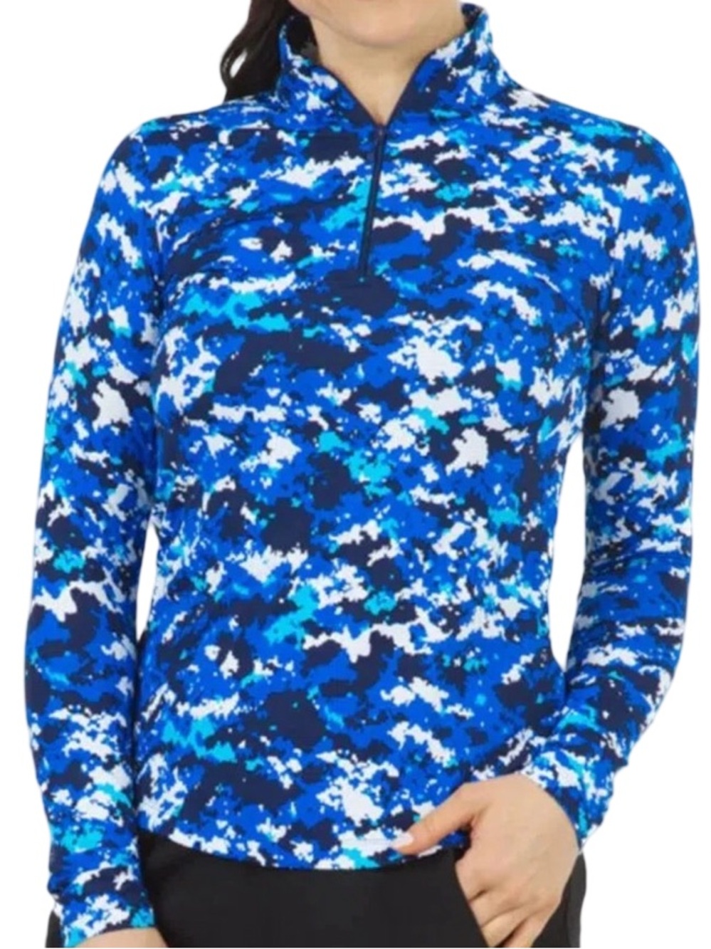 Ladies IBKUL CAMO BLUE NAVY Long Sleeve Mock Golf Shirt Size M UPF